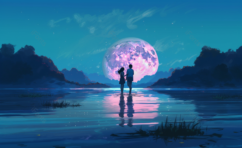 蓝色系月亮星空下情侣海边约会背景图,插画/手绘图,插画/手绘图库,插画/手绘图下载,插画/手绘